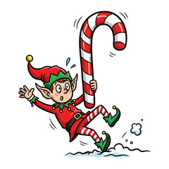 Elf's candy cane moment: An elf is in a comical situation, struggling to maintain balance while holding a candy cane, capturing a moment of lighthearted Christmas cheer.