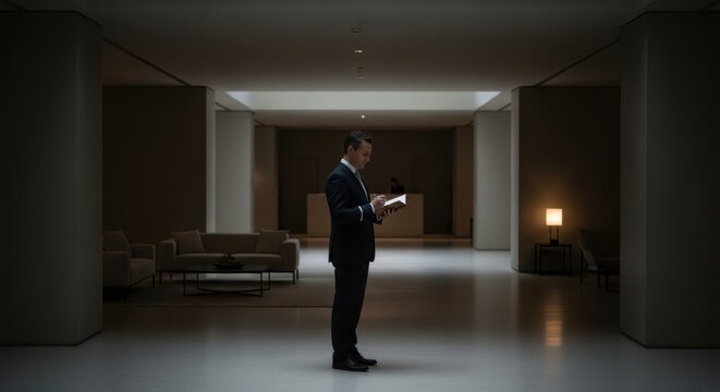 Man in suit writing on notebook in modern office lobby. Businessman organizing thoughts or taking notes in a professional environment. Corporate lifestyle.