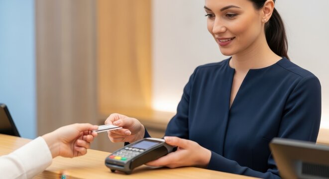 Woman completing a payment with a credit card at a counter, using a POS terminal for transaction. Seamless customer service experience for retail. - Powered by Adobe