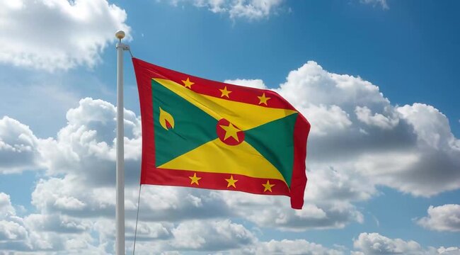 Grenada National Flag Waving on Tall Flagpole in Sky with Clouds – Grenada Independence Day Celebration, Patriotism, Freedom, Grenada Culture & Heritage	