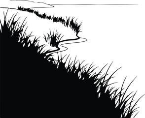 Illustrator Grassy riverbank landscape with winding stream Silhouette vector