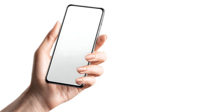A woman's hand holding a modern smartphone with a blank white screen against a black background space