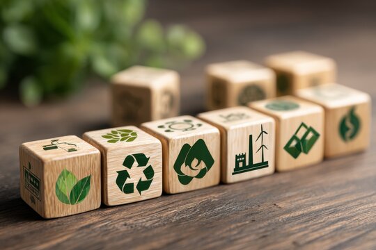 Sustainable business strategy using green technology with wooden blocks showcasing environmental icons on a rustic table