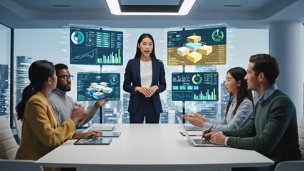 Dynamic Asian businesswoman confidently presents innovative data insights to diverse team in modern office, driving growth strategies with futuristic technology and collaborative spirit - Powered by Adobe