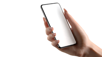A woman's hand holding a modern smartphone with a blank white screen against a black background space