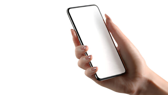 A woman's hand holding a modern smartphone with a blank white screen against a black background space
