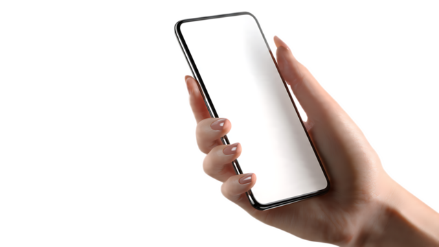 A woman's hand holding a modern smartphone with a blank white screen against a black background space - Powered by Adobe