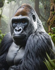 Obraz premium A close-up of a silverback gorilla, chest-up, with piercing eyes, in a lush, green rainforest environment
