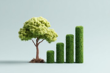 Growth symbolized by a tree and a green graph showing increasing success and sustainability in a minimalistic environment