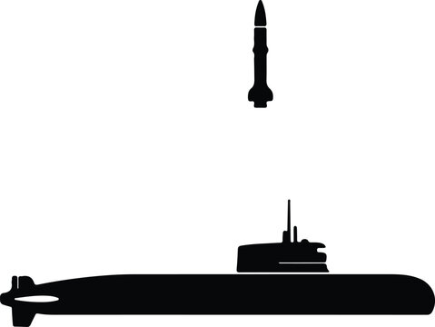 Illustrator Submarine launches missile black and white simple drawing Silhouette vector