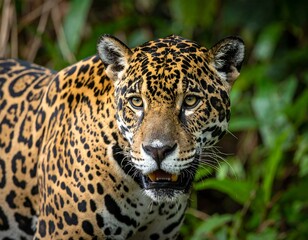 Obraz premium A close-up shot of a spotted feline in lush greenery. The cat stares directly at the viewer with eyes opened wide