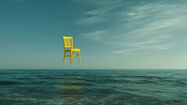 Yellow chair floating above the ocean in surreal minimal landscape