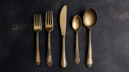 Vintage Brass Cutlery Set on Dark Background – Antique Forks, Knife, and Spoons Flat Lay Photography