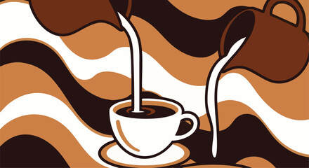 Warm coffee milk beverage pouring into a cup abstract wavy background vector illustration flat design espresso latte art morning cafe menu