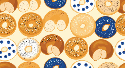 Delicious bagels seamless pattern flat design vector illustration blueberry sesame everything poppy seeds bakery food breakfast fresh yummy bread
