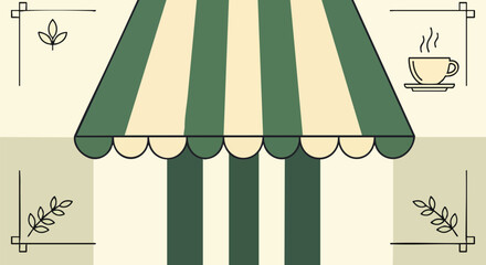 Charming cafe awning background with steaming coffee cup botanical elements vector illustration flat design minimalist elegant clean shop storefront