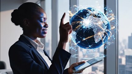Dynamic professional woman accessing global data on tablet, visualizing worldwide connections in a modern office, ready to innovate and strategize for global success - Powered by Adobe
