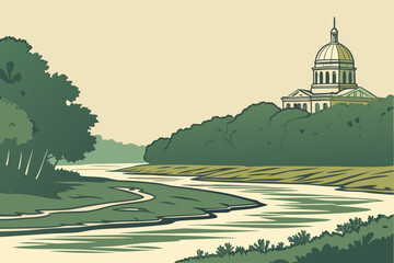 &ldquo;Evansville Indiana riverfront and forest, soft tones vector&rdquo;
