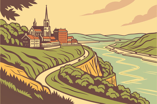 &ldquo;Dubuque Iowa river bluffs and historic downtown, nostalgic vector&rdquo;