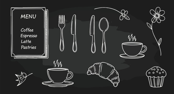Hand drawn coffee shop menu items chalkboard style vector illustration flat design cafe food drink sketch doodle icon set