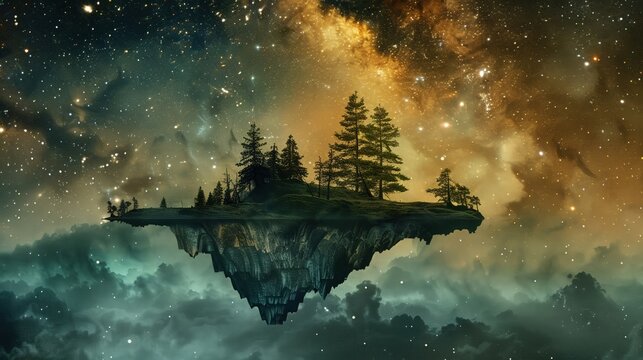 A surreal watercolor landscape featuring a floating island suspended amidst a starry night sky ,3D