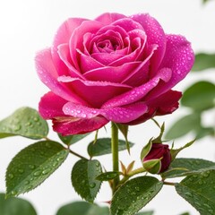 Vibrant pink rose blossom with dew drops and bud