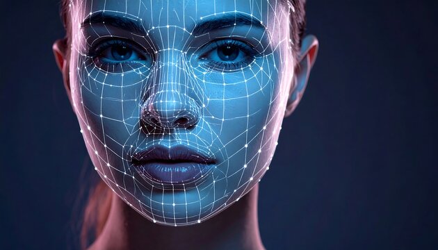 Futuristic face scan technology with digital grid overlay. - Powered by Adobe