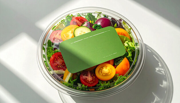 Realistic transparent salad bowl with colorful fresh vegetables and clear plastic lid featuring clean green blank label on neutral background under soft daylight
