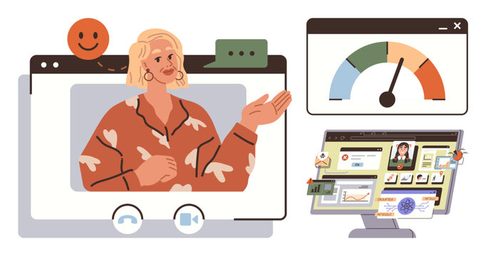 Professional presenting on video call with chat bubble, satisfaction meter, and dashboard interface. Ideal for remote work, online learning, customer feedback, analytics, user interaction, digital