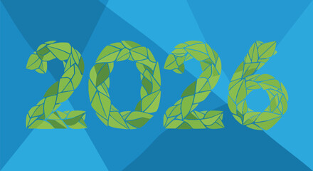 Green leaf textured 2026 number on blue background eco friendly natural sustainable growth vector illustration flat design year future calendar event
