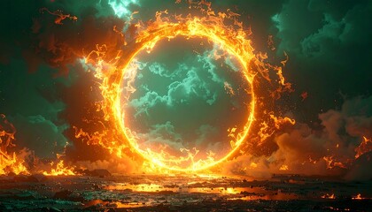A fiery, circular portal opens in a cloudy, teal sky, casting an eerie glow on a desolate landscape