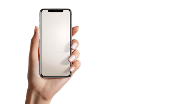 A hand holding a smartphone with a blank screen against a black background in a vertical position
