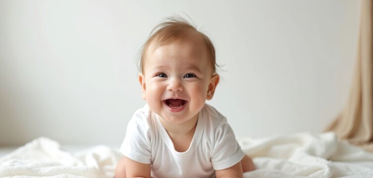 Happy baby with down syndrome laughs gleefully while lying on soft blanket. Cute infant with bright eyes and wide smile explores world, learns new skills at home. Innocent toddler enjoys life.