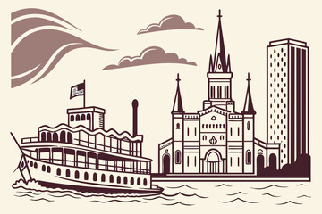 Fototapeta premium “New Orleans Mississippi River with steamboat and skyline, heritage vector”
