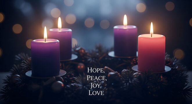 Advent Wreath with Lit Candles Symbolizing Hope, Peace, Joy, and Love, Candles glowing against bokeh background