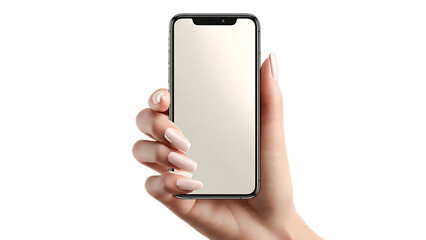 Hand holding a blank screen smartphone with long nails on a black background in a vertical view