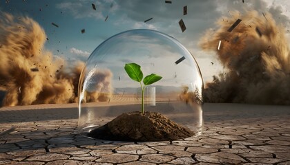 Fragile Sprout Protected Under Glass Dome Unstable Market Investment Risk Concept