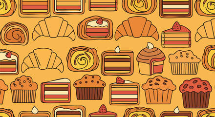 Seamless pattern delicious bakery treats flat style background vector illustration pastry dessert sweet texture wallpaper digital flat design