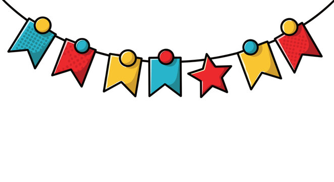 Pop art illustration of a festive garland, bold comic book style, thick black outlines, flat colors with a simple glowing effect, vibrant primary colors, on a transparent background.