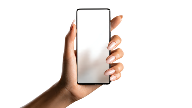A woman's hand holding a smartphone with a blank white screen against a black background in a studio shot