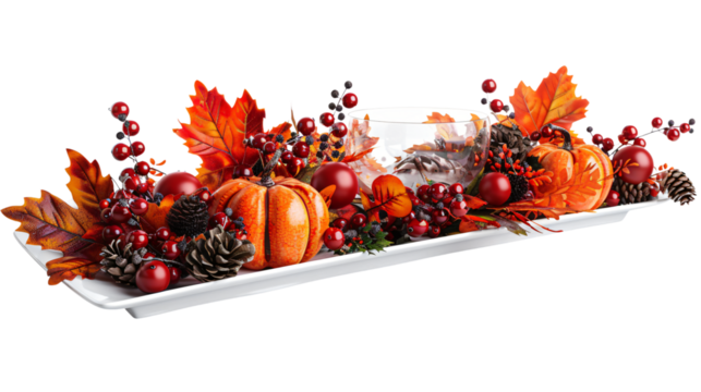 autumn thanksgiving table decoration with pumpkins and berries, fall season harvest centerpiece decor