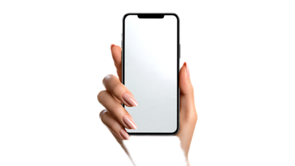 Woman holding a smartphone with a blank white screen against a black background in portrait mode