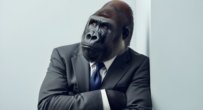 Gorilla in a tailored suit standing in a relaxed pose, studio-lit pastel grey background, crisp sharpness on eyes and facial expression
