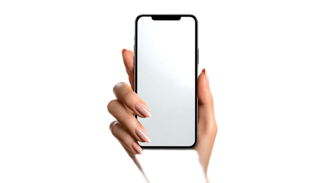 Woman holding a smartphone with a blank white screen against a black background in portrait mode