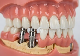 Obraz premium A full-arch fixed implant prosthesis (All-on-4 concept) displayed on a dental model, showcasing modern tooth replacement and restorative dentistry solution.