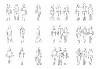 Fototapeta premium Collection of diverse people figures in architectural drawing style