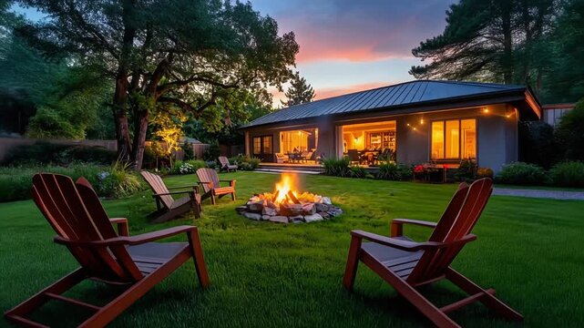 屋根のある家の前で赤い焚き火が青空の夕暮れを照らす安らぎの庭