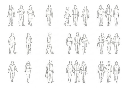 Collection of diverse people figures in architectural drawing style