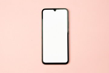 Smartphone with white screen on pink background. Pink concept. White screen concept.