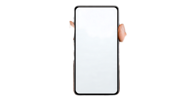 Hands holding a smartphone with a blank white screen on a black background for mockup presentation - Powered by Adobe